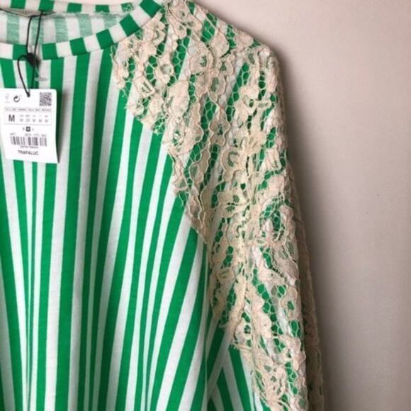 ZARA Womens Long Sleeve Lace Sweatshirt with Green & White Stripe - Picture 5 of 13